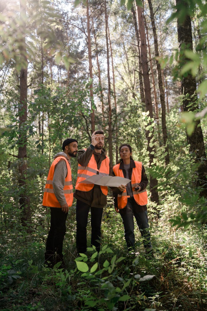 A team of surveyors in protective gear examines a map amidst a dense forest.